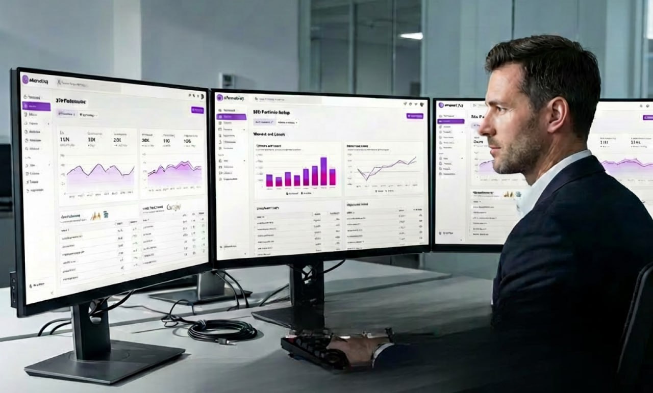 Webmaster reviewing SEO dashboards across multiple monitors